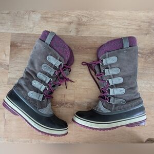 Sorel Gray Suede Winter Boots with Plum Accents
